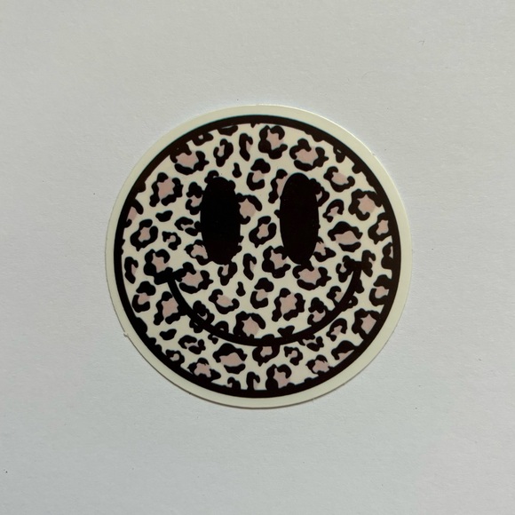 Pink & Black Cheetah Print Circle Smiley Face Waterproof Sticker - Picture 1 of 2